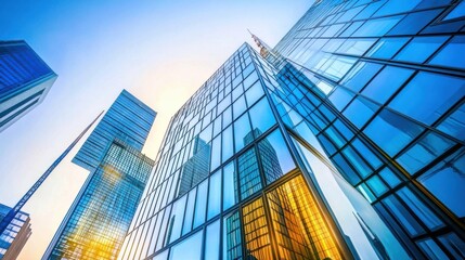 Stunning Architectural Reflection in Modern Skyscrapers at Sunset with Vibrant Blue and Yellow Tones Against a Clear Sky