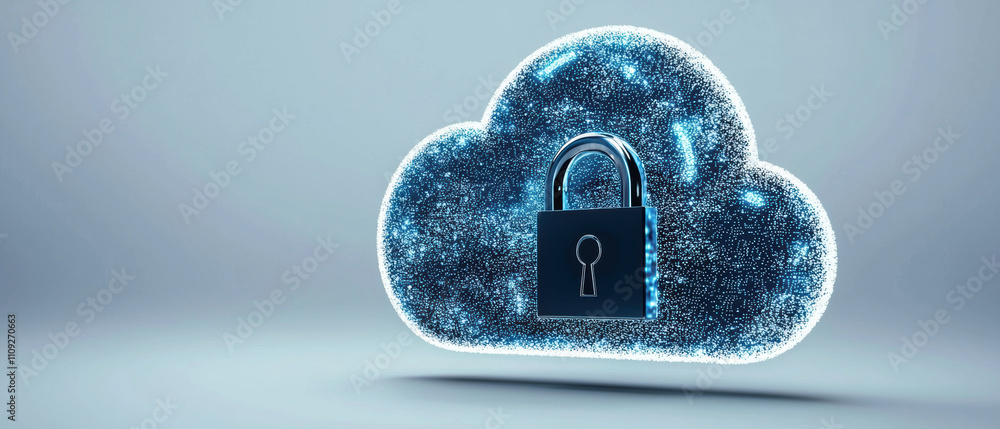 Poster data encryption depicted as glowing locks protecting a cloud network focus on cybersecurity