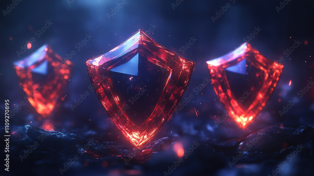 Aufkleber glowing red shields symbolize protection and security in mystical setting