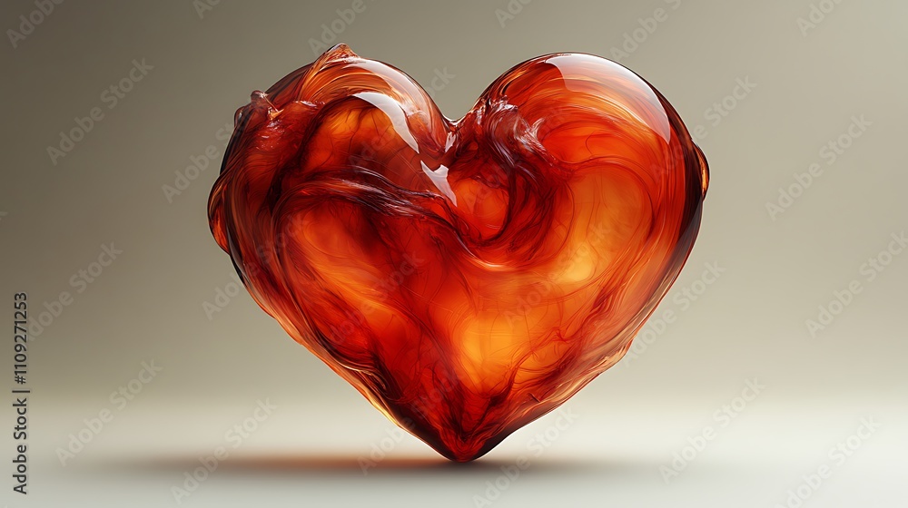 Poster abstract 3d rendering of a heart-shaped liquid with swirling, fiery patterns.