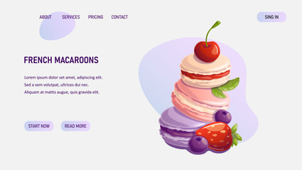 Web page with macaroon cookies. Vector illustration for bakery, dessert store, baking courses, sweet food. Web banner concept, landing page template.