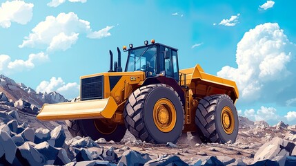 Fototapeta premium Powerful wheel loader or bulldozer working in a quarry or construction site. earthworks in construction. Powerful modern earthmoving equipment.ai generative 