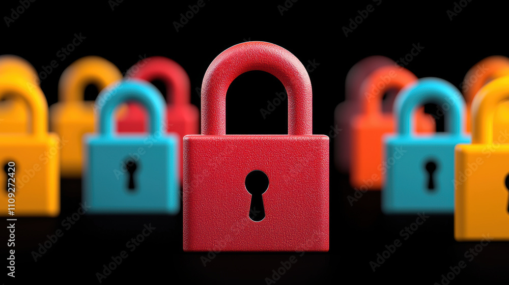 Poster password vault surrounded by floating icons of locks focus on security management, colorful padlocks