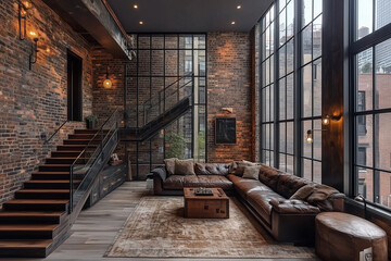 Stylish living room featuring dark leather sofa and exposed brick walls with modern lighting
