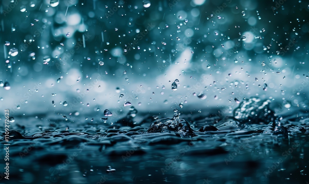 Poster raindrops falling on a dark wet surface, creating ripples and splashes, with a blurred background.