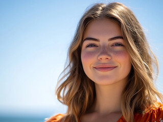 Fototapeta premium Close-up photo of beautiful woman against blue sky background