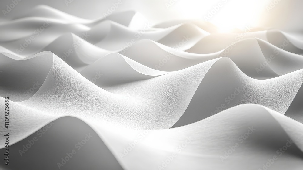 Poster abstract white waves of paper creating a soft, flowing texture illuminated by soft sunlight, evoking