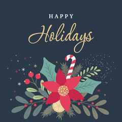 Fototapeta premium Christmas and New Year card with the text 'Happy Holidays' and winter flowers