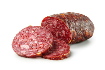 Sliced salami sausage isolated on the white background.
