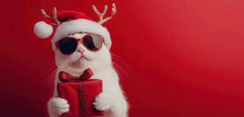 Fototapeta premium A close-up portrait of a white cat wearing sunglasses, a Santa Claus hat with reindeer antlers, and holding a gift box.