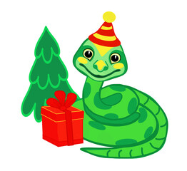 Snake in a hat, symbol of the year, cartoon character, Christmas tree, gift in a box with a ribbon and a bow, color drawing, transparent background, for design and printing