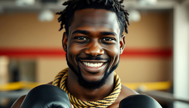 Portrait of smiling african american young male boxer with skipping rope around neck in health club with a white accent, png