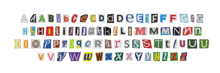 big set of cut-out english png alphabet from magazines on a transparent background, retro y2k ransom style