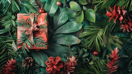 Vibrant christmas gift wrapped in red with pine and ornaments against a lush green background