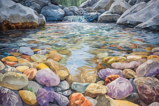 Crystal clear river water gently flows over colorful rocks on a sunny day, creating a serene scene with vibrant colors shimmering in the sunlight