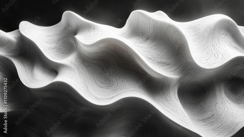 Poster abstract black and white textured waves conveying calmness and motion in a smooth flow, perfect for 