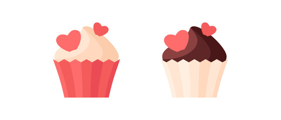 Set of Cupcakes for Happy Valentine's Day, isolated flat illustration in transparent background