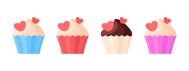Set of Cupcakes for Happy Valentine's Day, isolated flat illustration in transparent background