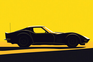 Fototapeta premium Minimalist illustration featuring the silhouette of a classic sports car on a vibrant yellow background