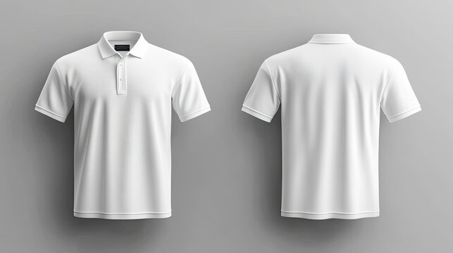 White polo t-shirt mock up, front and back view, isolated. Male model wear plain white shirt mockup. Polo shirt design template. Blank tees for print.