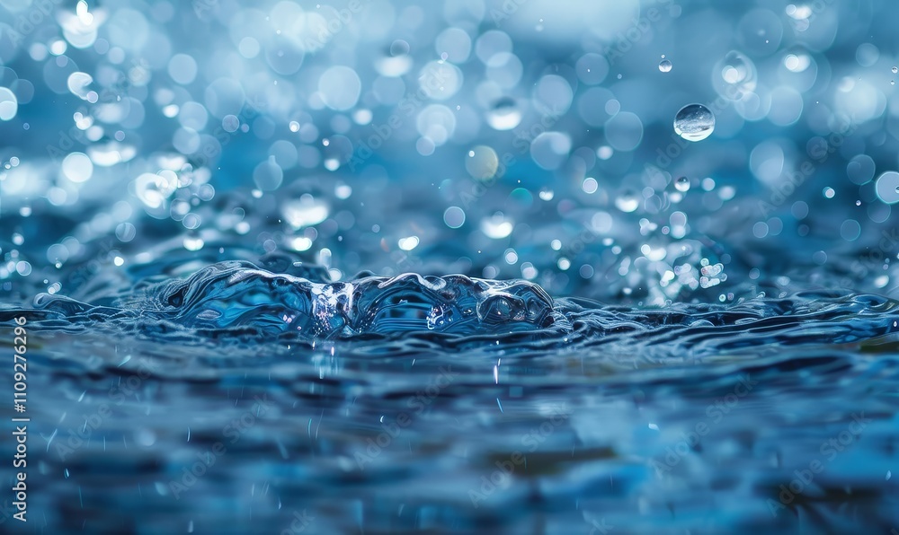 Poster close up of water droplets splashing in a pond, creating ripples and a bokeh effect.