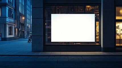 white Blank Mockup Of Store Street Showcase Advertising Poster Window In A City At Night.
