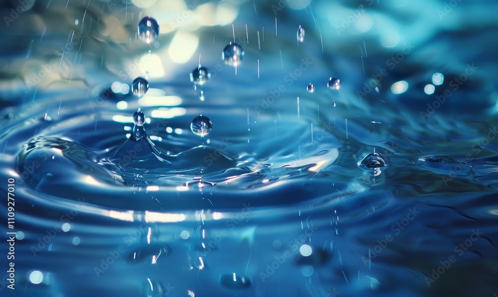 Poster close-up shot of water droplets falling into a pool of water, creating ripples and a bokeh effect in