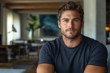 Modern living room with charcoal sectional and male model in casual attire