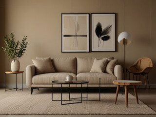 Minimalist, japandi style interior design of modern living room. Boucle sofa and accent armchair against beige wall with frame.