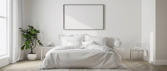 Modern Minimalist White Hotel Bedroom with Mockup Frame for Artwork