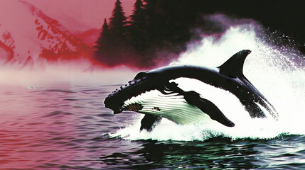 Fototapeta premium Whales: The Gentle Giants of the Arctic Ocean - Imagine a scene where whales breach and spout in the polar waters, their massive bodies and majestic movements