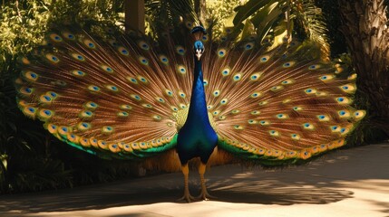 Obraz premium Majestic Peacock Displaying Vibrant Feathers in Lush Tropical Environment, Showcasing Iridescent Colors and Intricate Patterns Under Bright Sunlight