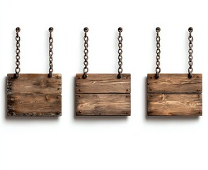 Three rustic wooden signs on chains, perfect for adding a vintage touch to any design. Ideal for branding, menus, or direction signage in both digital and print formats.