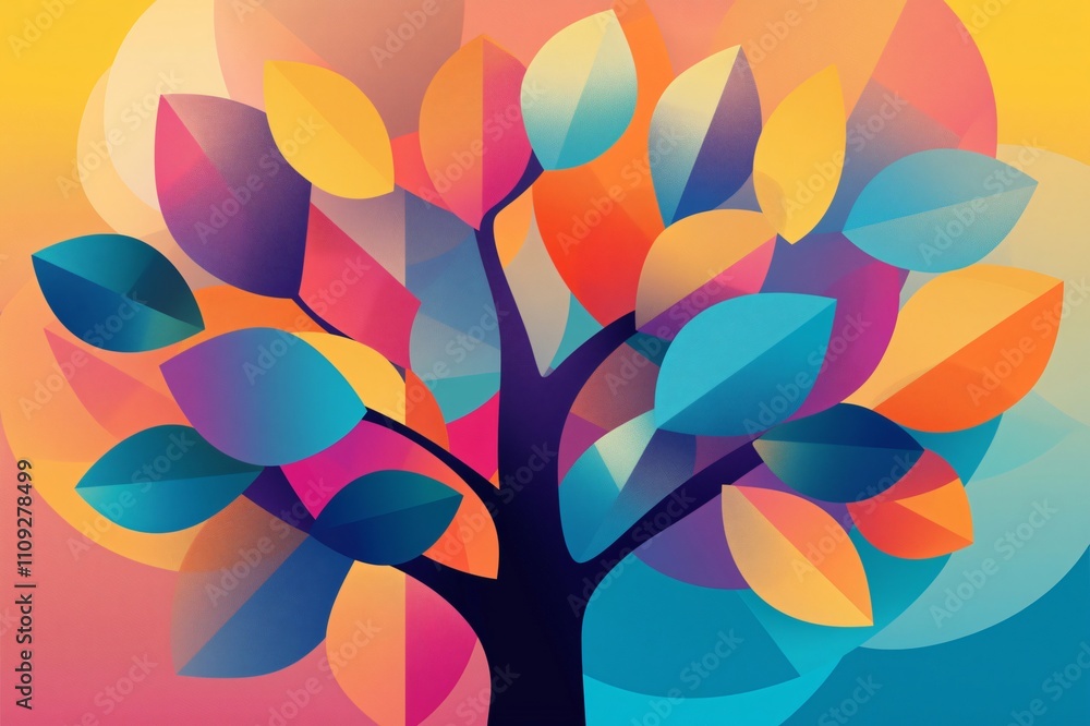 Poster abstract tree illustration with colorful leaves and geometric shapes creating a vibrant and modern d