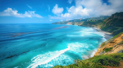 Obraz premium Panoramic view of a stunning coastline with turquoise ocean, cliffs, and blue sky.