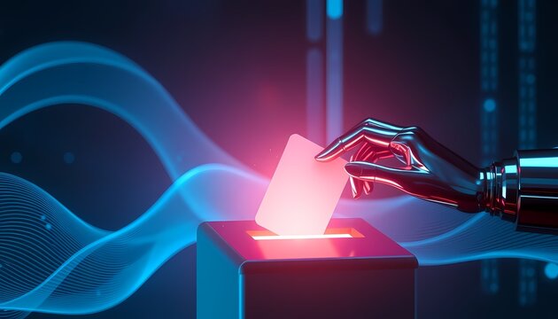 Robotic hand inserts ballot into box. Future of elections, technology, AI.