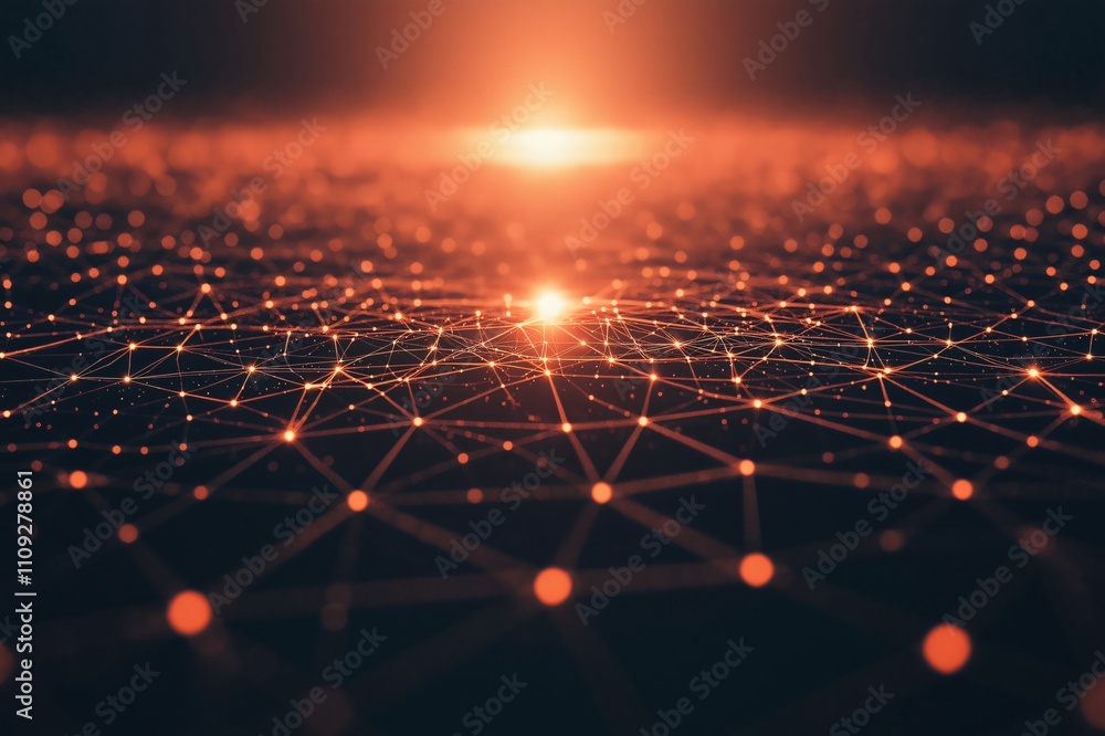 Poster network is connecting with data points and glowing light trails on a dark orange background