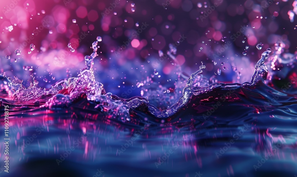 Poster a close-up of a water splash with pink and blue light reflecting off the surface, creating a vibrant