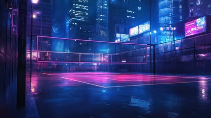 Neon-lit urban volleyball court at night, reflecting city lights on wet surface.