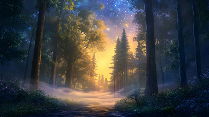 Fototapeta premium Enchanting forest at dawn with glowing mist