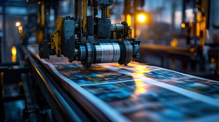 Fototapeta premium Machine printing colorful newspapers in a factory.