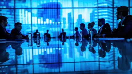 Businesspeople meeting around a glass table in a modern office.