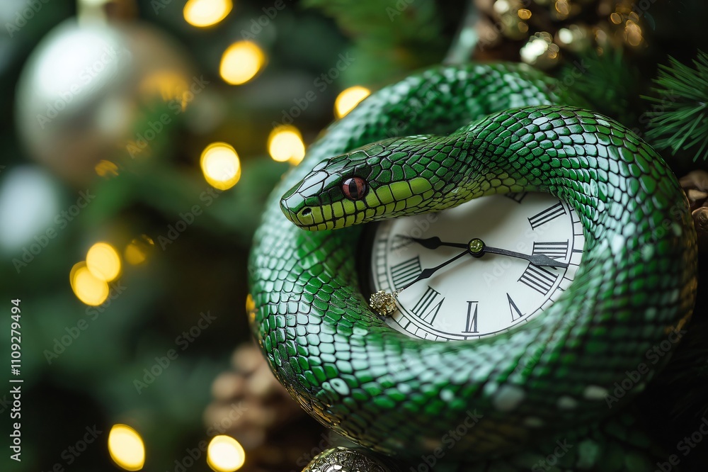 Poster green snake is wrapping around clock showing almost midnight with christmas tree lights bokeh on bac