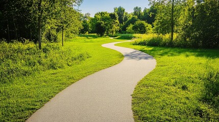 Obraz premium Winding path through lush green park under clear blue sky.