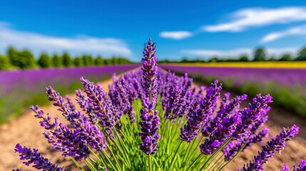 Obraz premium Beautiful Lavender Fields under Clear Blue Sky in Sunny Day