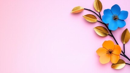 Fototapeta premium Colorful Paper Flowers on Soft Pink Background with Leaves