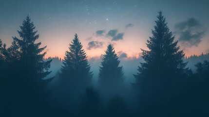 Misty forest at twilight under a fading starry sky
