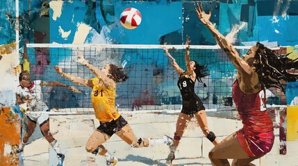 Dynamic action shot of four female volleyball players intensely competing during a beach volleyball match.