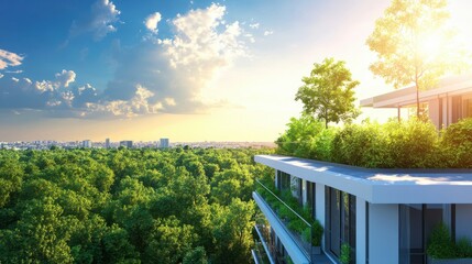 Breathtaking View from Modern Balcony Overlooking Lush Green Forest and Urban Skyline During Sunset with Vibrant Colors and Cloudy Sky