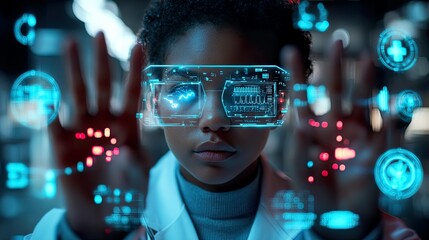 Fototapeta premium A futuristic doctor holds holographic health icons in their hands, symbolizing the use of advanced digital tools in healthcare and modern medical technology